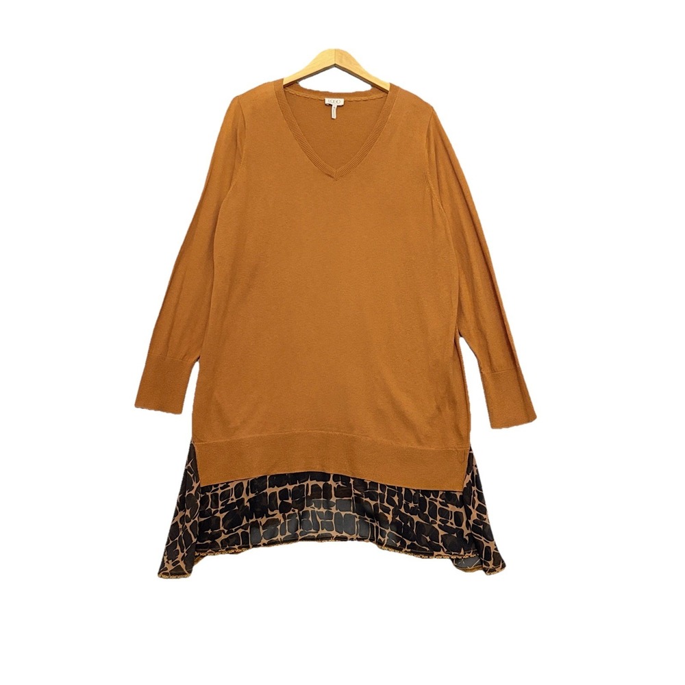 LOGO Lori Goldstein Tunic Sweater Cashmere Sheer Animal Print Hem Artsy Sz 1X